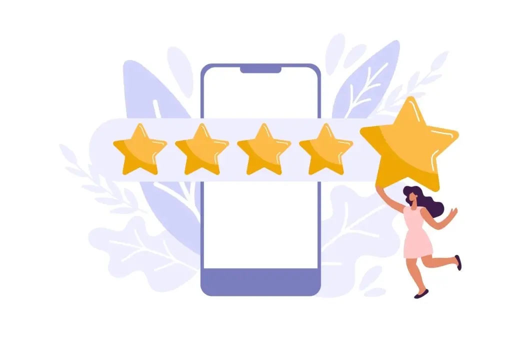 animated woman giving 5 star review